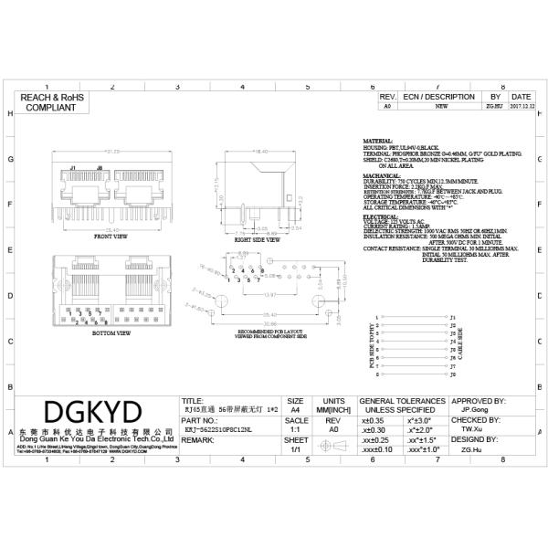 1x2 Ganged Tow Port Shielded Rj45 Modular Jack Without Internal Filter , 10p8c
