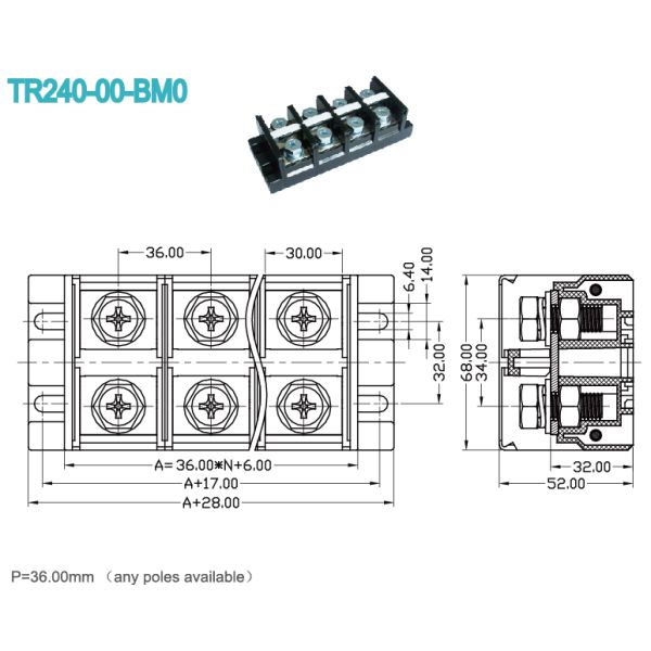 600V 240A 36.00mm Pitch pcb mount screw terminal block High Current Black