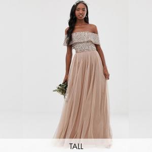  Tall Bridesmaid bardot maxi tulle dress with tonal delicate sequins in taupe blush Manufactures