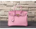 high quality 35cm pink ostrich print cowhide leather handbags lady designer