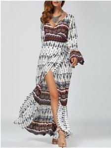  Ethnic Print High Slit Bell Sleeve Wrap Dress Bohemian beach long woman dress Manufactures