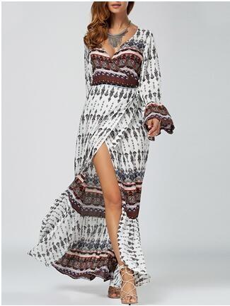Quality Ethnic Print High Slit Bell Sleeve Wrap Dress Bohemian beach long woman dress for sale