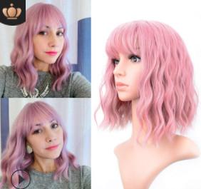 China Chemical Fiber Ombre Human Hair Extensions Curly Waves Short Pink on sale