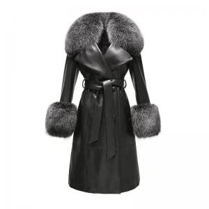                   Winter Fox Fur Collar Cuffs Women Long Leather Jacket Black Genuine Sheepskin Trench Leather Fur Coats for Ladies              Manufactures
