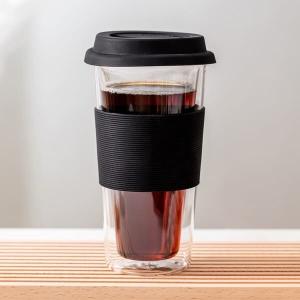  14oz Heat Resistant Double Wall Glass Tumblers 400ml With Silicone Lid And Sleeve Manufactures