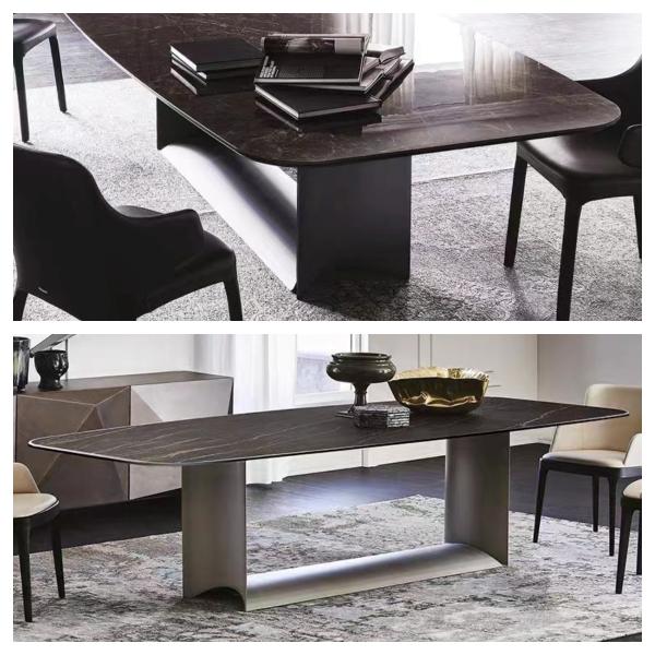 Rectangle Visual Modern Ceramic Marble Metal Dining Table For 8