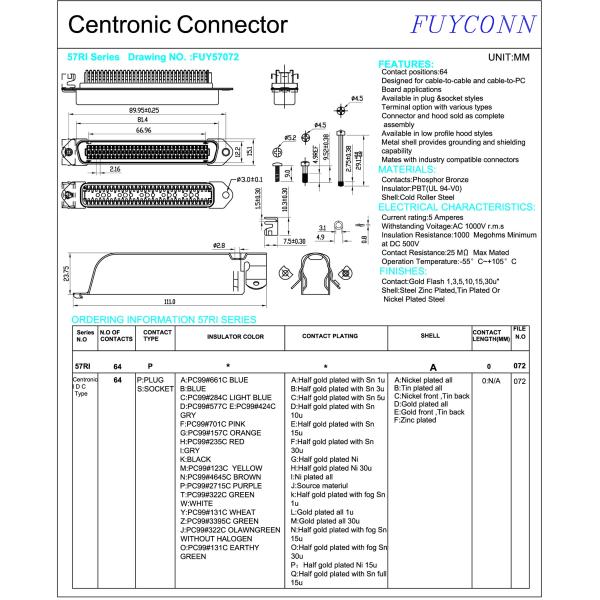 Amphenol 2.16mm Pitch 64 pin IDC Crimping Plug connector 32 pairs Male Type with 90 degree metal cover