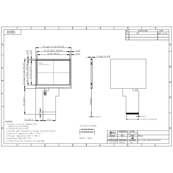 700nits Brightness 3.5 Inch TFT LCD Module For Bench Type Digital Multimeter