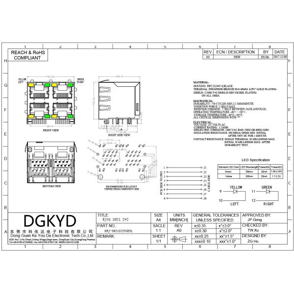 Metal Shielded 2X2 double deck 4 port RJ45 connectors without transfomer RJ45 Ethernet socket with light and shielding communication interface 8P8C
