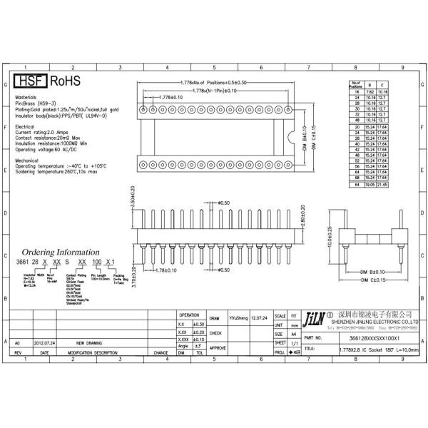 Gold Marchined DIP IC Socket 1.778mm Insulation Resistance Height 2.8mm