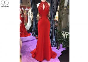 China Luxury Red Mermaid Style Prom Dress Beading Hanging Neck Back Hollow Fishtail on sale