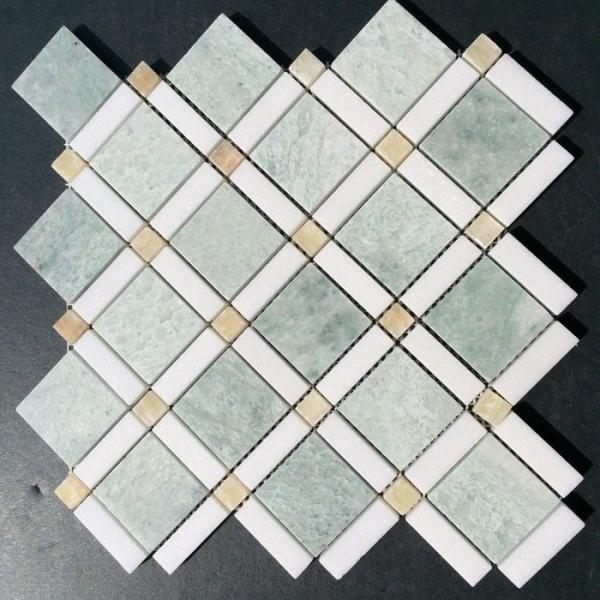 Quality Shiny Ming Green Marble Stone Mosaic Tile With Thassos Polished Onyx Dot for sale