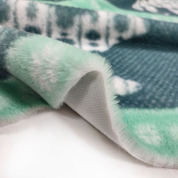 Printed Rabbit Plush Green Fake Fur Material 330gsm 150D