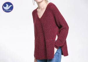 China Big Side Slit Ladies Chunky Wool Jumpers , Women's V Neck Wool Sweater Red Color on sale
