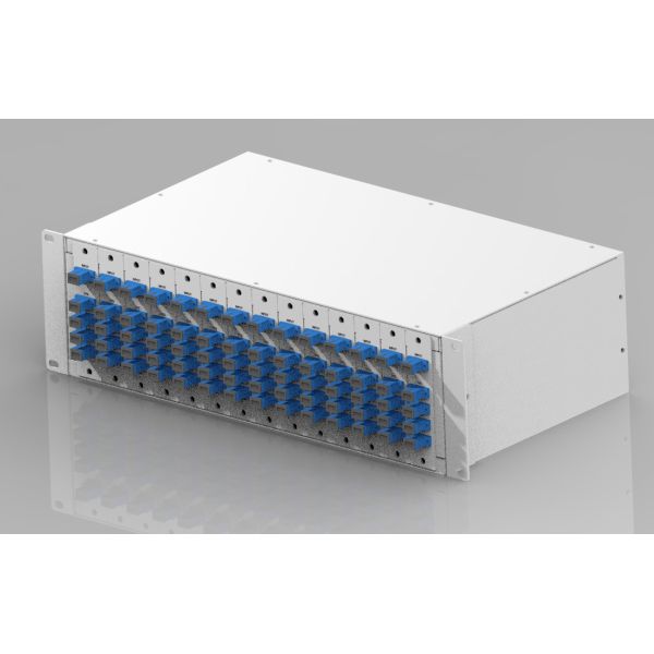  3U 19&quot; optical PLC splitter chasis with14 separate slots 2/4/8 way plug and play LGX cassettes, pre-loaded with SC APC Manufactures
