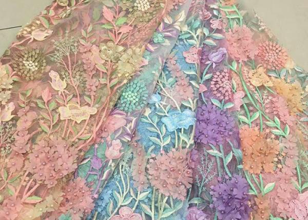 Quality Bead Embroidered Lace Fabric, Scalloped Multi Color 3D Flower Lace Fabric For Dress for sale