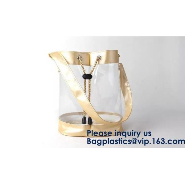 Transparent PVC Drawstring Bag With Colorful Rope,Clear PVC drawstring bag with gold string,Pvc Strips Printing Gift Pac