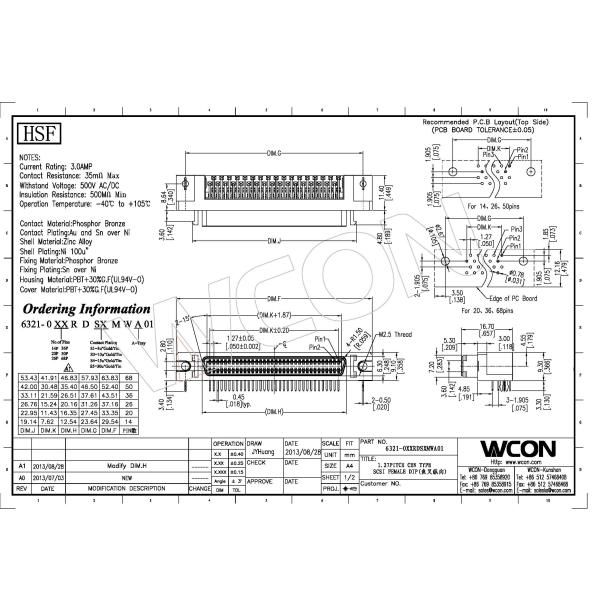 1.27mm SCSI connector female straight cen-type 68 pin scsi connector mating with 6320M