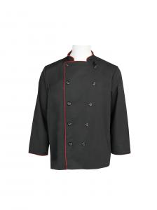 China 240G Black Chef Jacket Long Sleeve Polyester 65% Cotton 35% With Red Pipings on sale