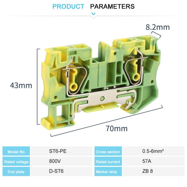 JST 6-PE Universal Din Rail Power Distribution Block , Spring Loaded Wire Connector PE Ground