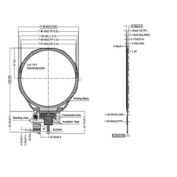 3 Inch Round TFT LCD Display 480x480 RGB 24 Bit SPI Interface 450 CD/M2