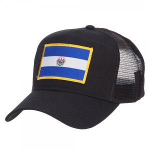  El Salvador Flag Patched Embroidered Mesh Hats , Black Polyester Trucker Hat Manufactures