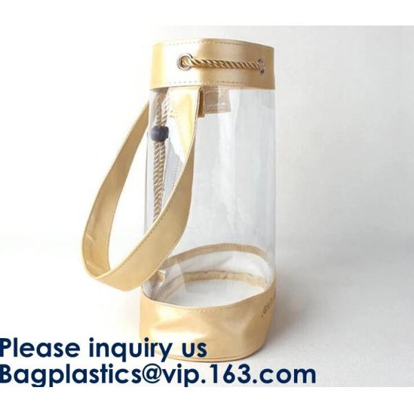 Transparent PVC Drawstring Bag With Colorful Rope,Clear PVC drawstring bag with gold string,Pvc Strips Printing Gift Pac