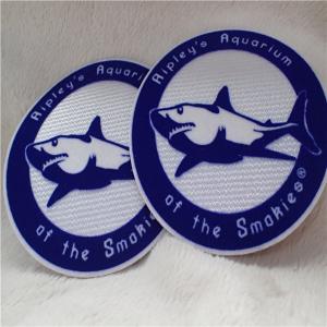 China Double Color Round Shape Iron On Custom Patches Shark Logo Tatami Flocking With Hot Melt Glue on sale