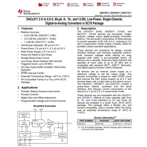 DAC5311IDCKR 8 Bit Digital to Analog Converter 1 SC-70-6