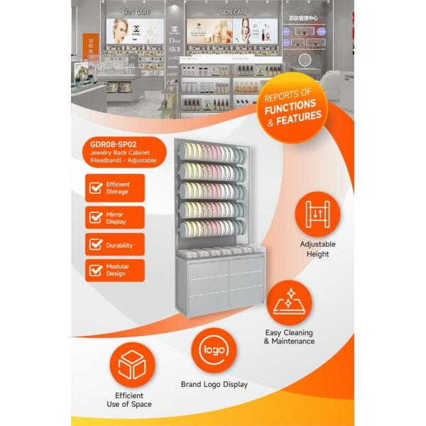 GDR08-SP02 Cosmetic Display Shelf with Gray Velvet Headband Cylinders and Efficient Storage for Cosmetics Retail Stores