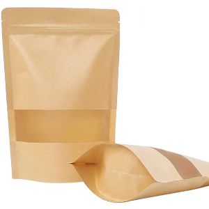 China Brown Zipper Kraft Stand Up Pouches With Window 280 Micron on sale