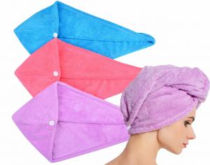China Microfiber Absorbent Dry Hair Cap Best Salon Wrap Shower Spa Head Towel With Button on sale