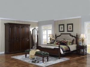 China Sandalwood Bedroom set Classic style BT-2902 High fabric Upholstered headboard Wooden king size bed with Cloth Wardrobe on sale
