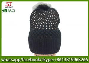 China Chinese manufactuer free faux fur pompom knitting stripe hat  cap  patterns beanie 75g 18*24cm 100%Acrylic keep warm on sale