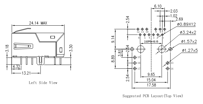 HR911001C 10/100 Base-T Low-Profile RJ45 Jack With LEDS LPJK7008ALNL