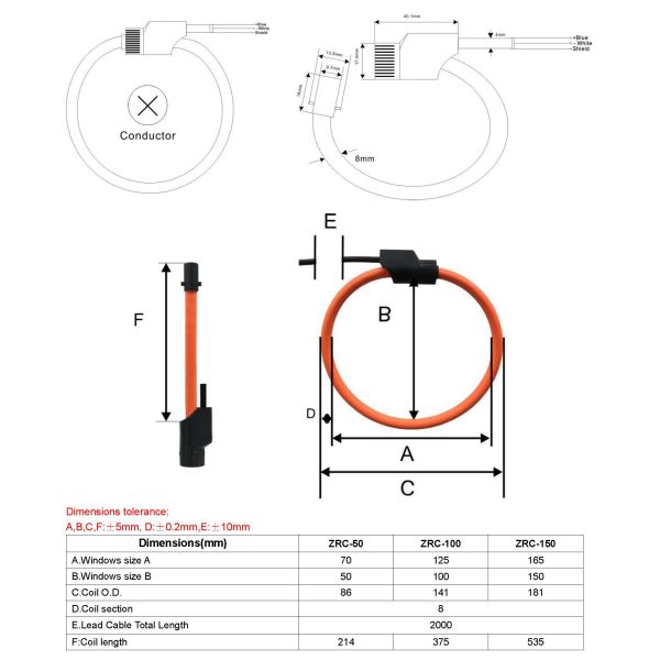 Flexible Rogowski Coil Current Transformer Single Phase 100KA High Linearity