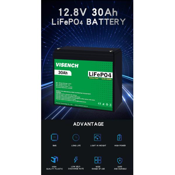 Visench 12V 30Ah Lithium Ion Iron Phosphate Battery Rechargeable 12.8V Lifepo4 Battery Pack