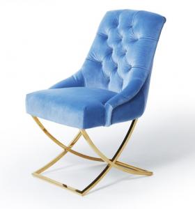 China Golden X Cross Metal Legs Furniture Dining Room Chairs Blue Velvet Fabric Button Tufted on sale