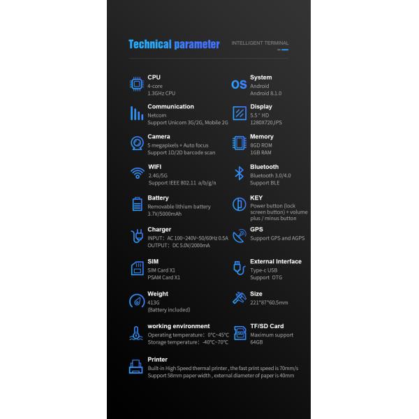 Smart Handheld POS Terminal Printer 3G WIFI BT Barcode Scanner