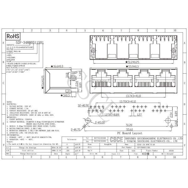Front PEG 3.68 Shielded RJ45 Modular Jack / Magnetic RJ45 Jack Tab Up Latch 100 Base - T