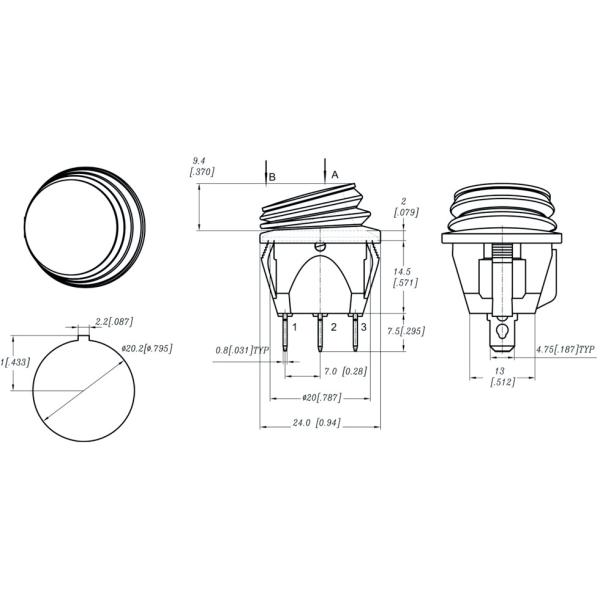 RC Round Waterproof Power Switch, Φ 20mm, ON-OFF-ON, 3 Terminals, UL, VDE, ENEC.