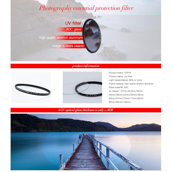 Digital Camera Lens UV Filter Black Alloy Optical Glass For Photography