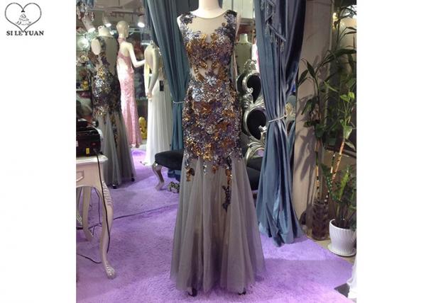 Quality Floor Length Long Sequin Mermaid Dress Sleeveless Special Color Tulle Fabric for sale