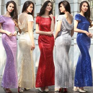  hot sale polyester short sleeve long women Bodycon evening beaded dress with gold sequin in red blue purple gray beige Manufactures
