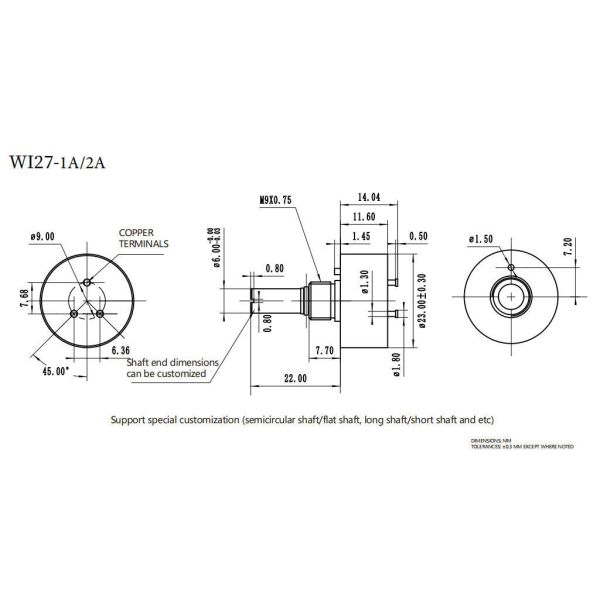 Bochen WI27-1A 10k Ohm Single Turn Precision Potentiometer with 340°±3° Mechanical Stop and 7/8" Conductive Plastic Element