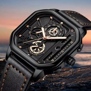 China Waterproof Full Leather Quartz Gold Clock Luminous Wrist Watch Square Sport Mens on sale