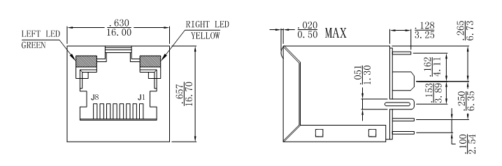 51F-1202GYD2NL , LPJD0011BENL Vertical RJ45 Jack 180° Magnetic Socket Shielded W/LED