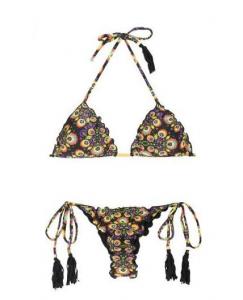 China Black Floral Scrunch String Bikini With Tassels - Newfolk Frufru Fio on sale