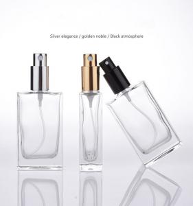 China Flat Square Glass Perfume Spray Bottles Metallic Pump 50ml Capacity Refillable on sale
