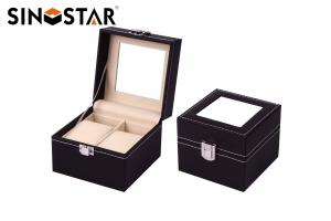 China Mens Black Leather Double Watch Box Display Glass Top Jewelry Case Organizer on sale
